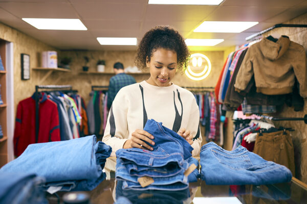 Female Sales Assistant Or Customer Sorting And Looking At Stock Female Sales Assistant Or Customer Sorting And Looking At Stock Of Jeans In Fashion Or Clothes Store